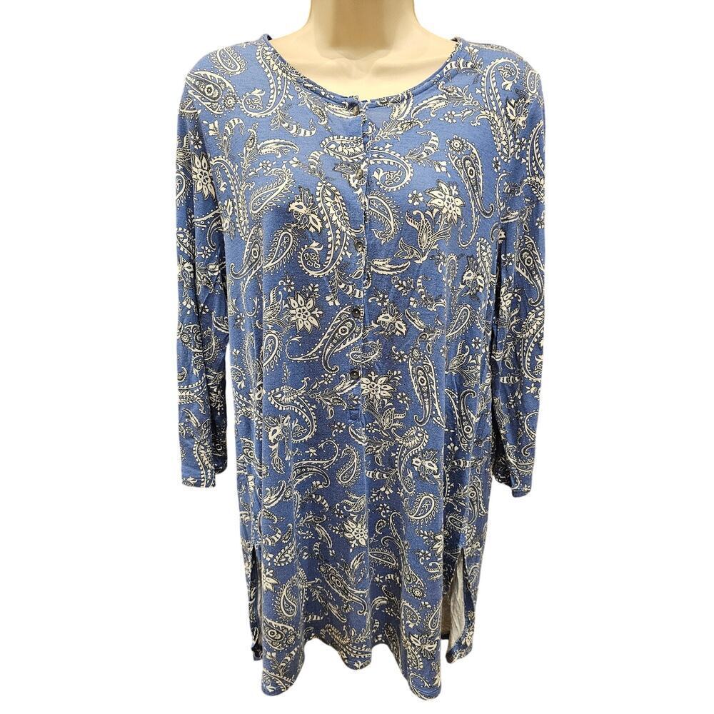 J Jill blue paisley button front tunic top EUC M